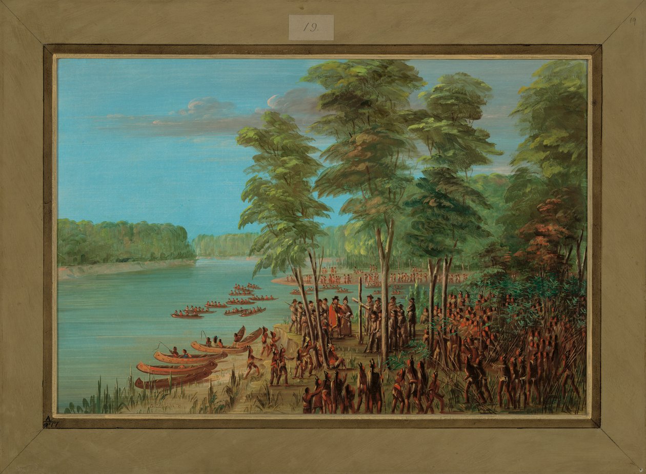 La Salle ottaa haltuunsa alueen Arkansasin suulla, 10. maaliskuuta 1682, 1847-48 tekijältä George Catlin