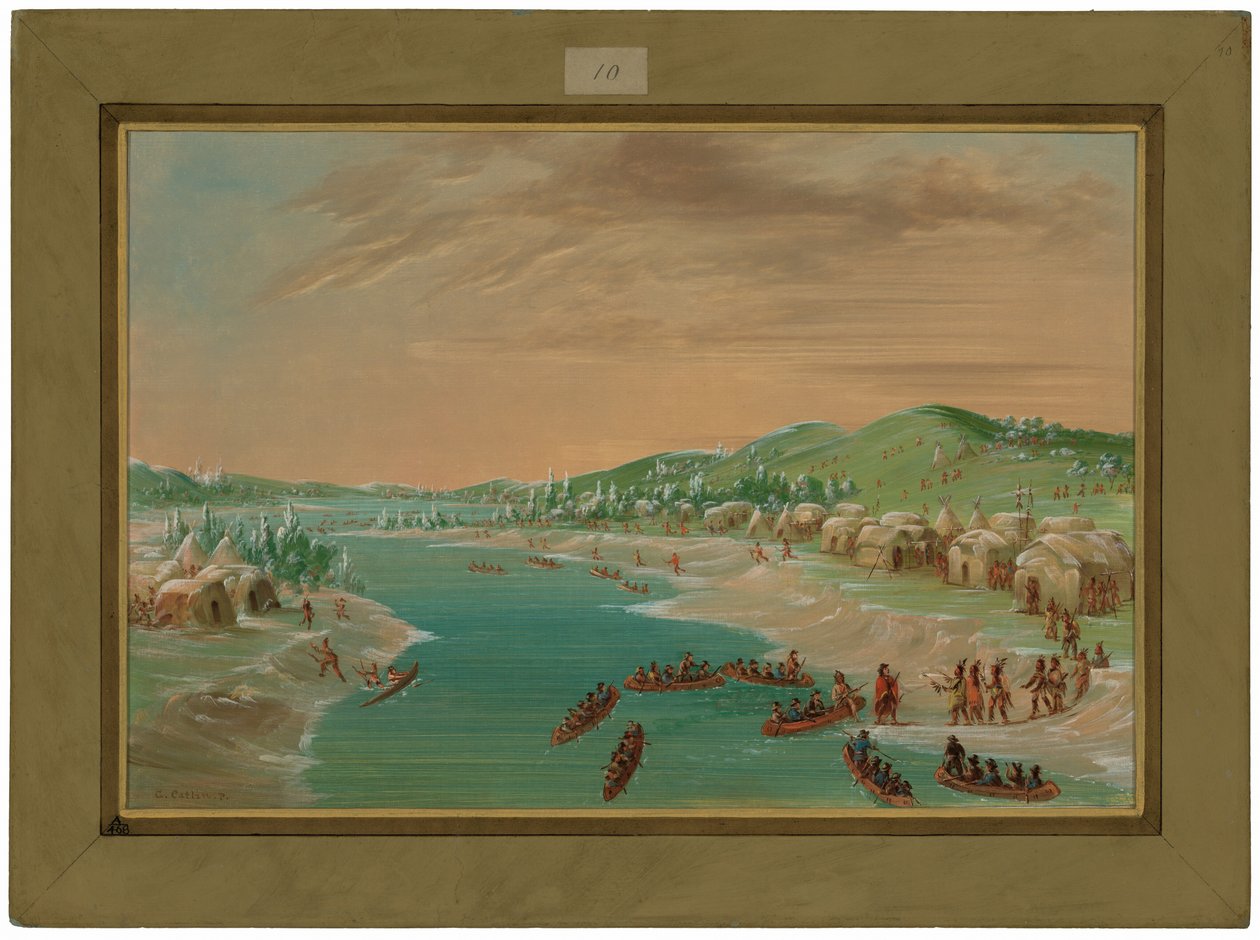 La Salle ja seurue saapuvat illinois-intiaanien kylään.  1. tammikuuta 1680 tekijältä George Catlin