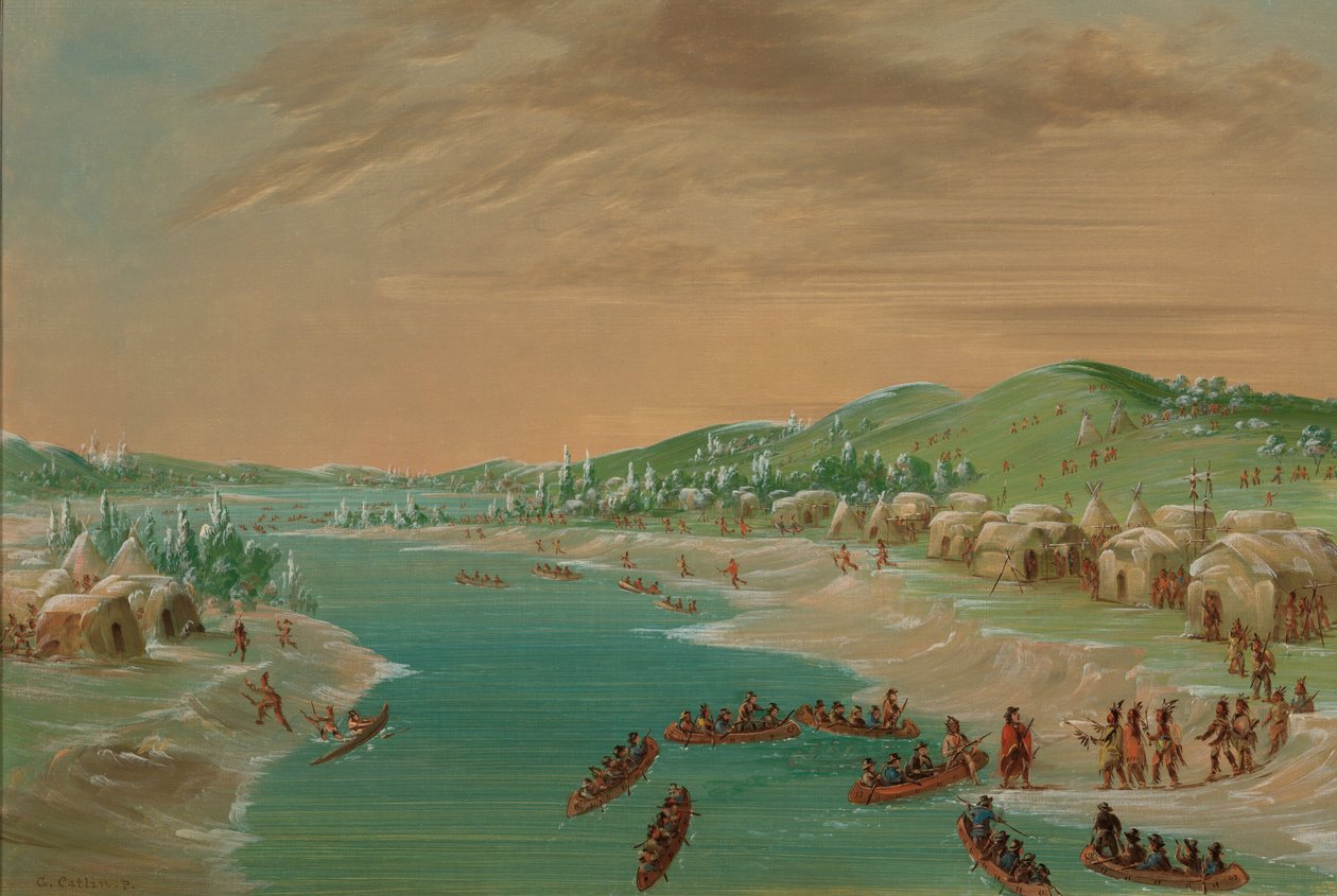 La Salle ja juhlat saapuvat Illinoisin kylään. 1. tammikuuta 1680, 18471848. tekijältä George Catlin