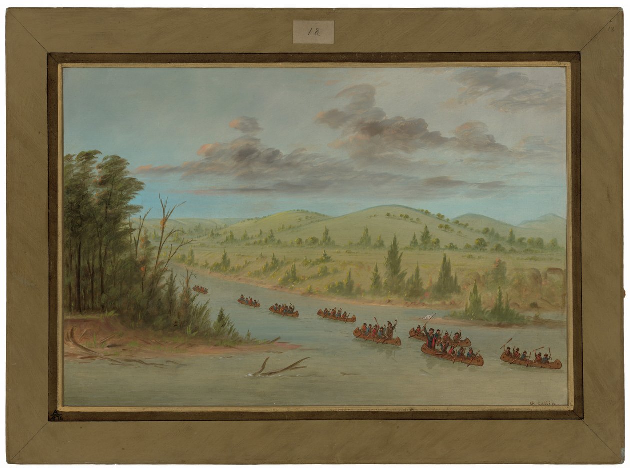 La Sallen juhlat saapumassa Mississippiin kanooteissa. 6. helmikuuta 1682 tekijältä George Catlin