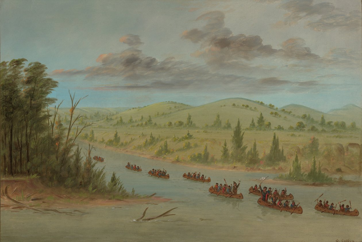 La Sallen juhlat saapumassa Mississippiin kanooteissa. 6. helmikuuta 1682, 18471848. tekijältä George Catlin