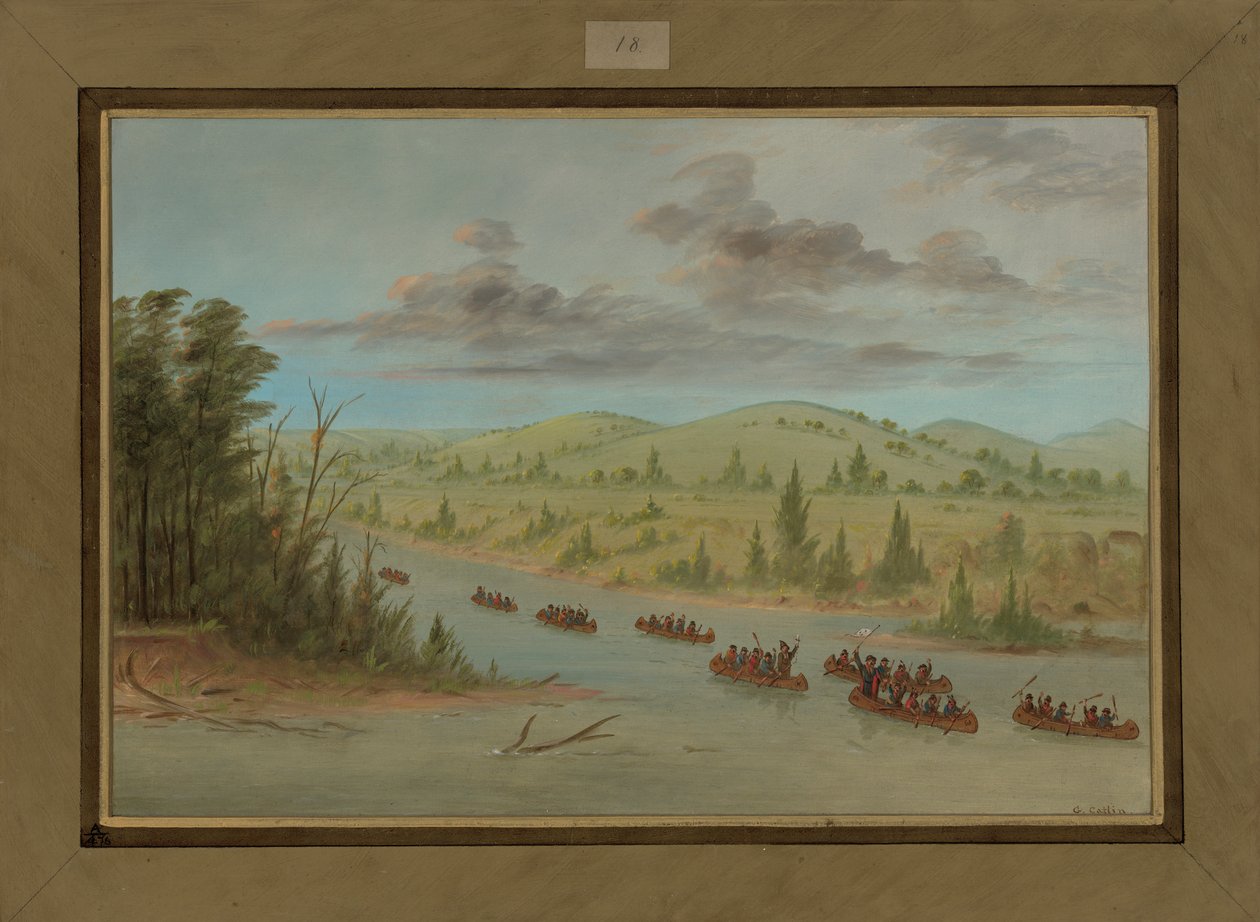 La Sallen juhlat saapuvat Mississippiin kanooteissa, 6. helmikuuta 1682, 1847-48 tekijältä George Catlin
