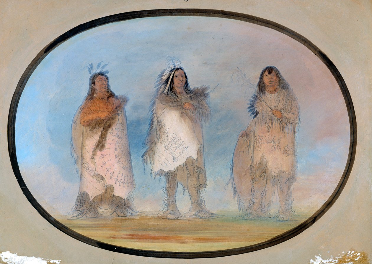 Pikku karhu, jyrkkä tuuli, koira, kolme sioux-heimon arvostettua soturia, n. 1865-1871. tekijältä George Catlin