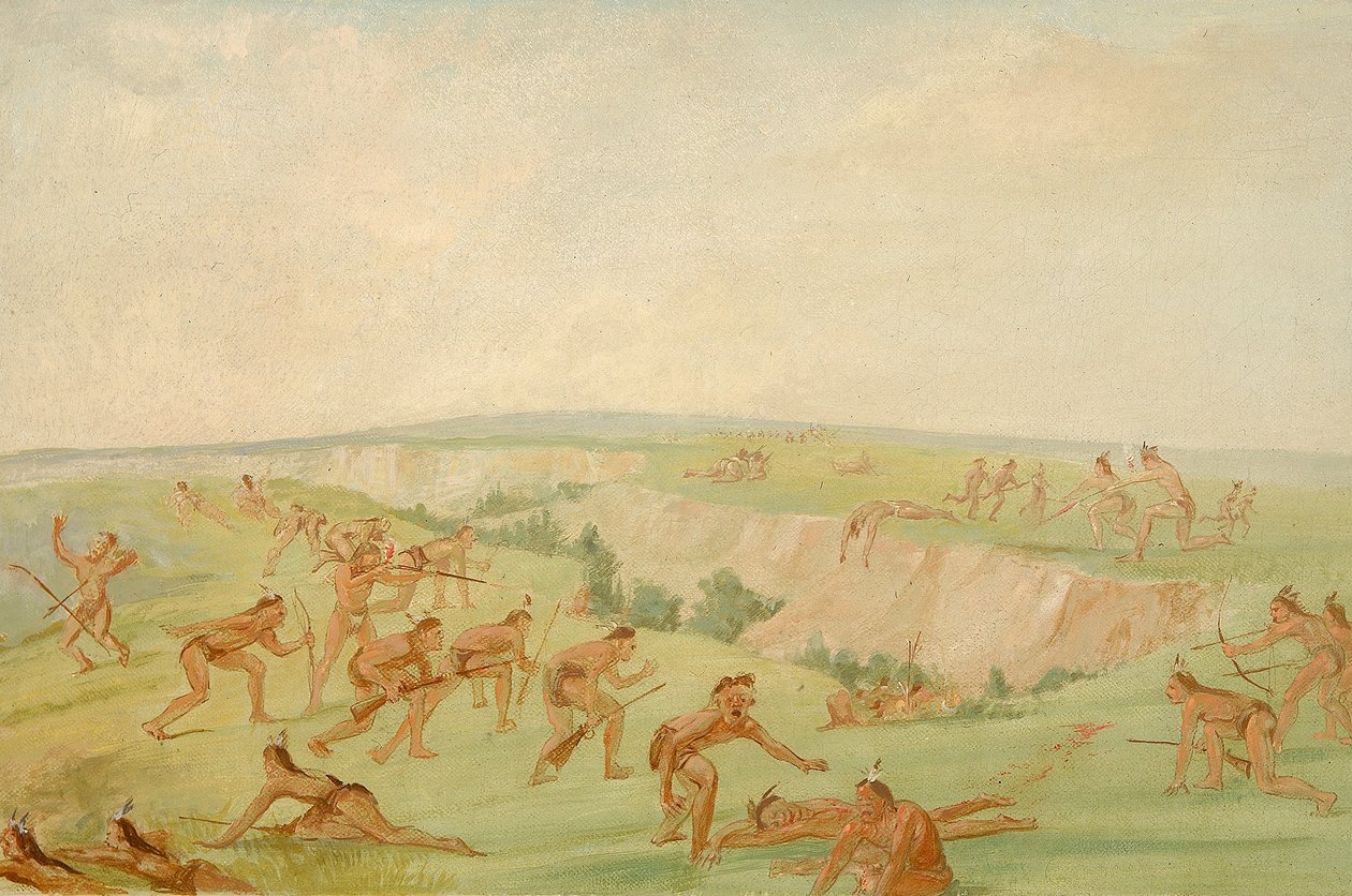 Mandan hyökkää Arikara-joukon kimppuun tekijältä George Catlin