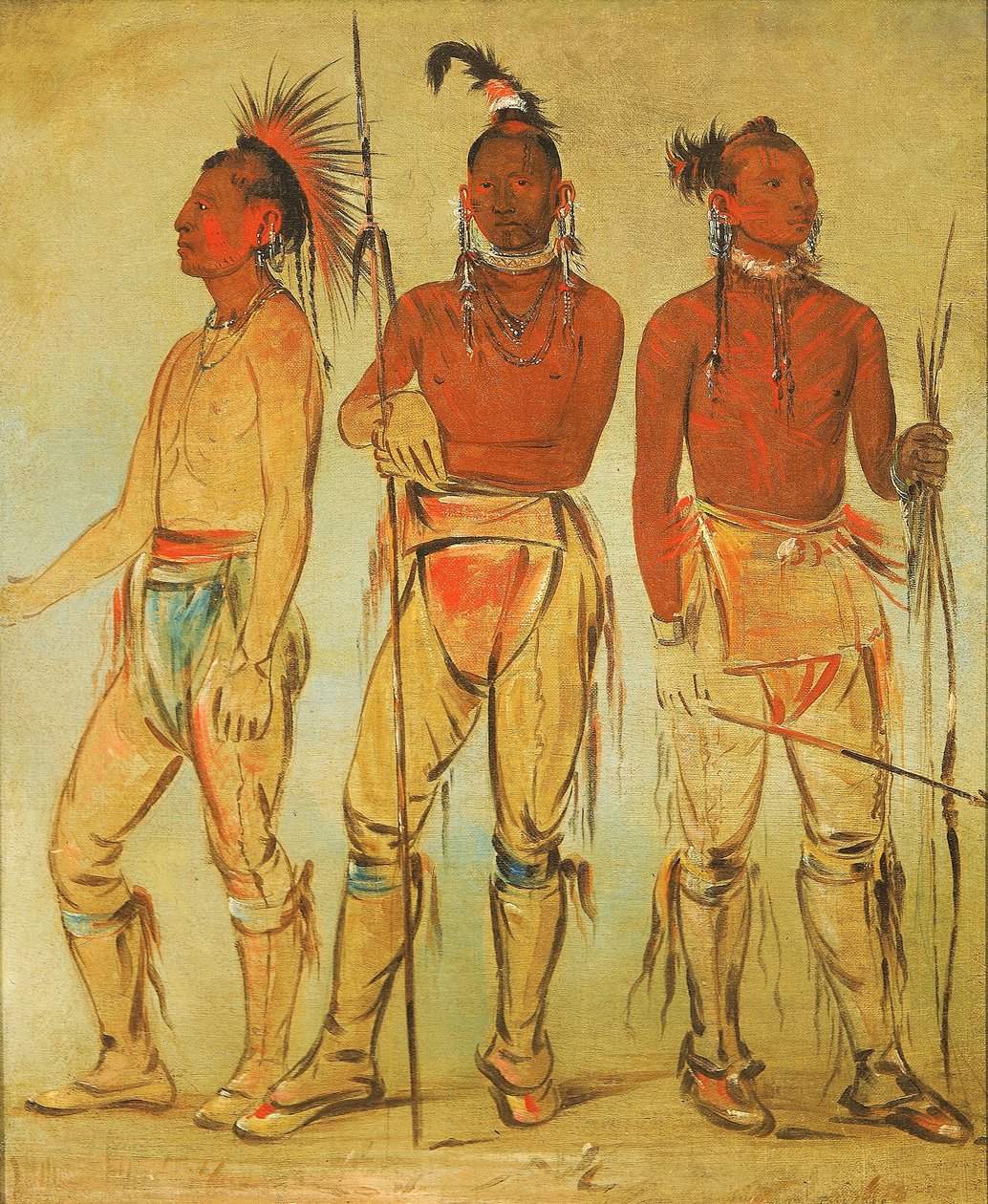 Mun-ne-pús-kee, Hän, joka ei pelkää, Ko-ha-túnk-a, Iso varis, ja Nah-cóm-ee-shee, Sängyn mies, kolme nuorta soturia. tekijältä George Catlin