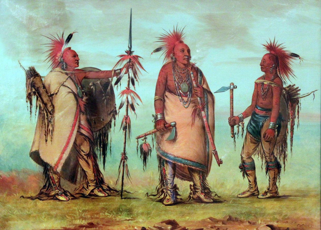 Osage: Tal-lee, Black Dog ja Big Crow pukeutuvat punaiseksi värjättyihin peuran karvoihin. tekijältä George Catlin