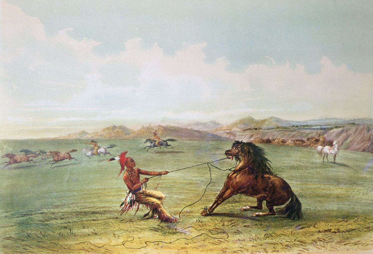 Osage-metsästäjät pyydystävät villihevosia (värilitho) tekijältä George Catlin