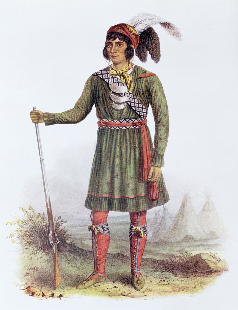 Osceola tai "Rising Sun", seminolijohtaja, 1838, kuvitus teoksesta "The Indian Tribes of North America, Vol.2", Thomas L. McKenney ja James Hall, pub. kirjoittanut John Grant tekijältä George Catlin