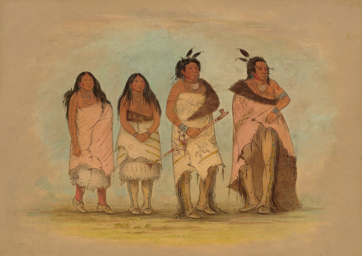 Pawneepict päällikkö, kaksi tytärtä ja soturi, 18611869. tekijältä George Catlin