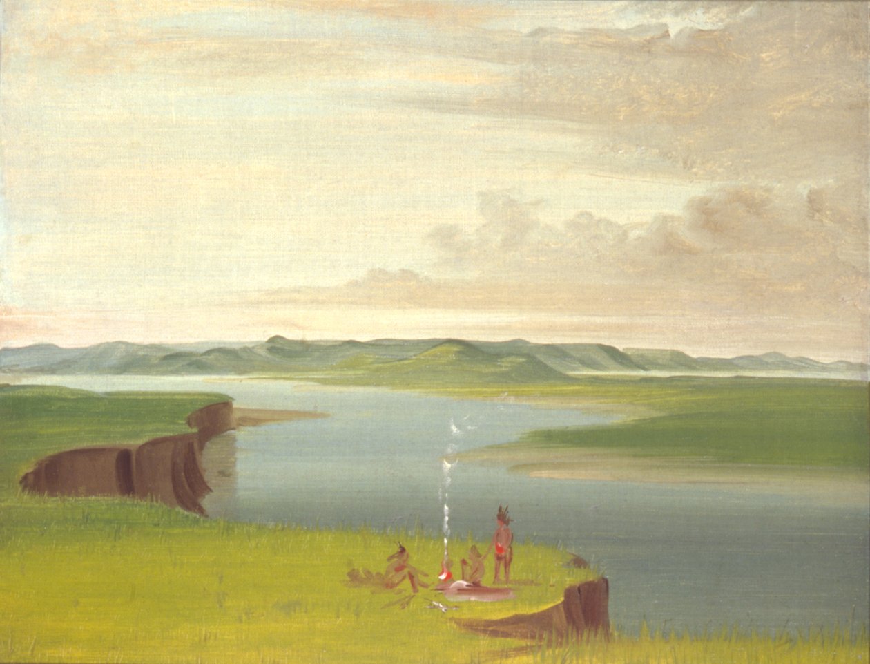 Preerian rantatörmät auringonnousun aikaan Yellowstone-joen suun lähellä. tekijältä George Catlin