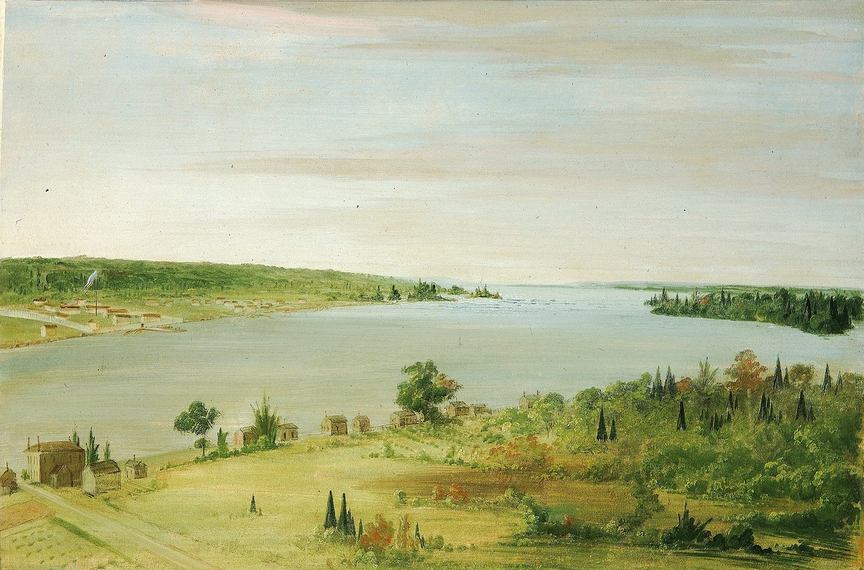 Sault Ste. Marie, kaukana näkyy Yhdysvaltain varuskunta. tekijältä George Catlin