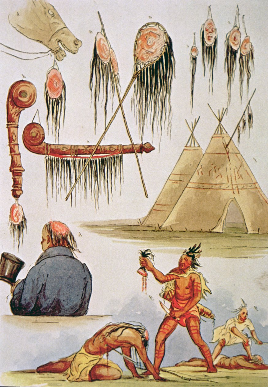 Hiuspohjan scalping ja koristeellinen käyttö (akvarelli paperille) tekijältä George Catlin