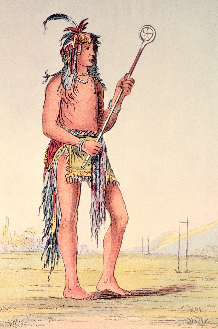Sioux-palloilija Ah-No-Je-Nange, "Se, joka seisoo molemmilla puolilla" (käsinvärinen lito) tekijältä George Catlin