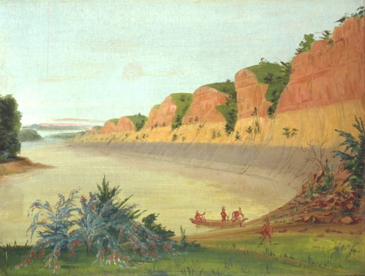 Buffalo Islandin eteläpuoli, etualalla Buffalon marjat. tekijältä George Catlin