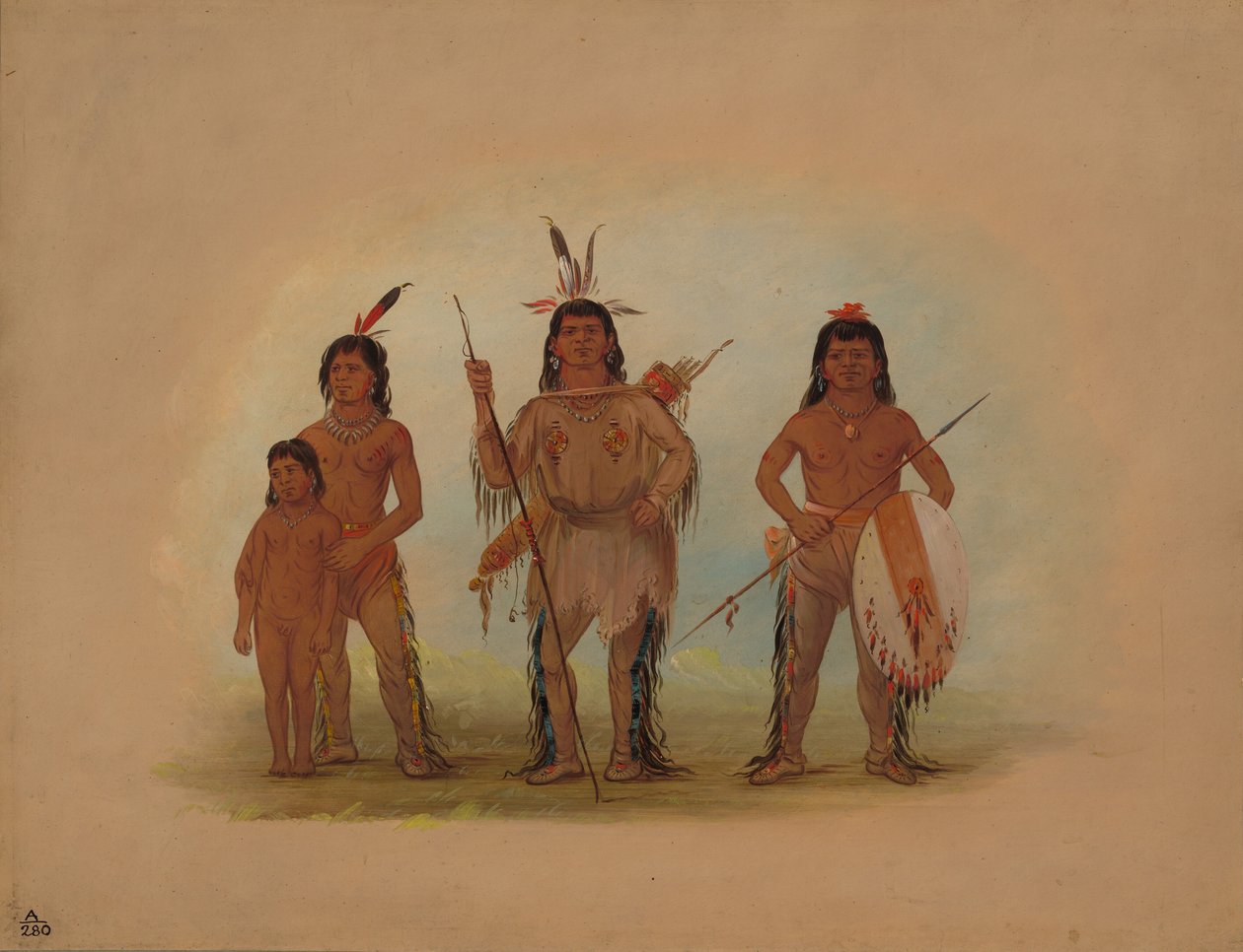Spokanen päällikkö, kaksi soturia ja poika, 18551869. tekijältä George Catlin