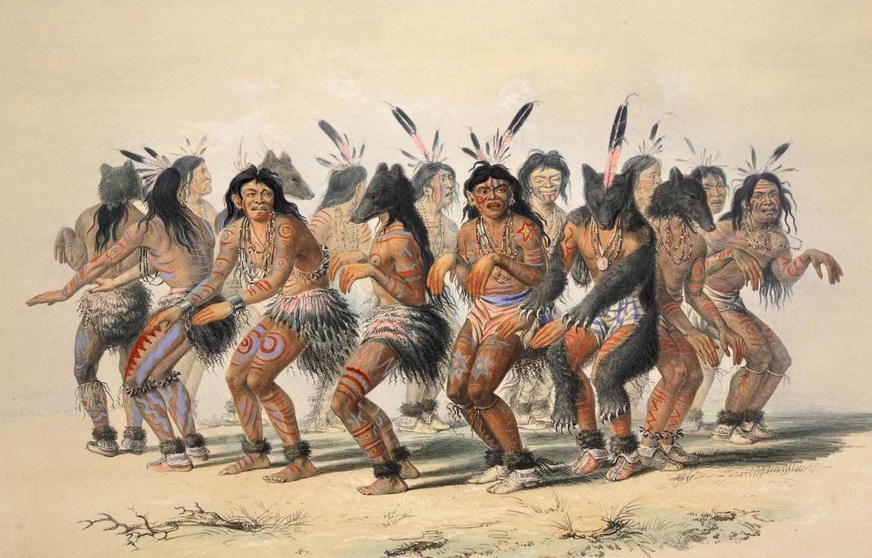 The Bear Dance -yksityiskohta, pubi. 1845 värilitografia. tekijältä George Catlin