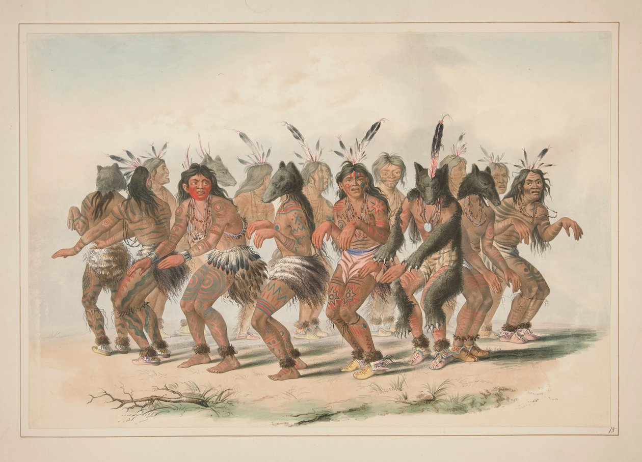 The Bear Dance, pl. 18 Pohjois-Amerikan intiaaniportfoliosta tekijältä George Catlin