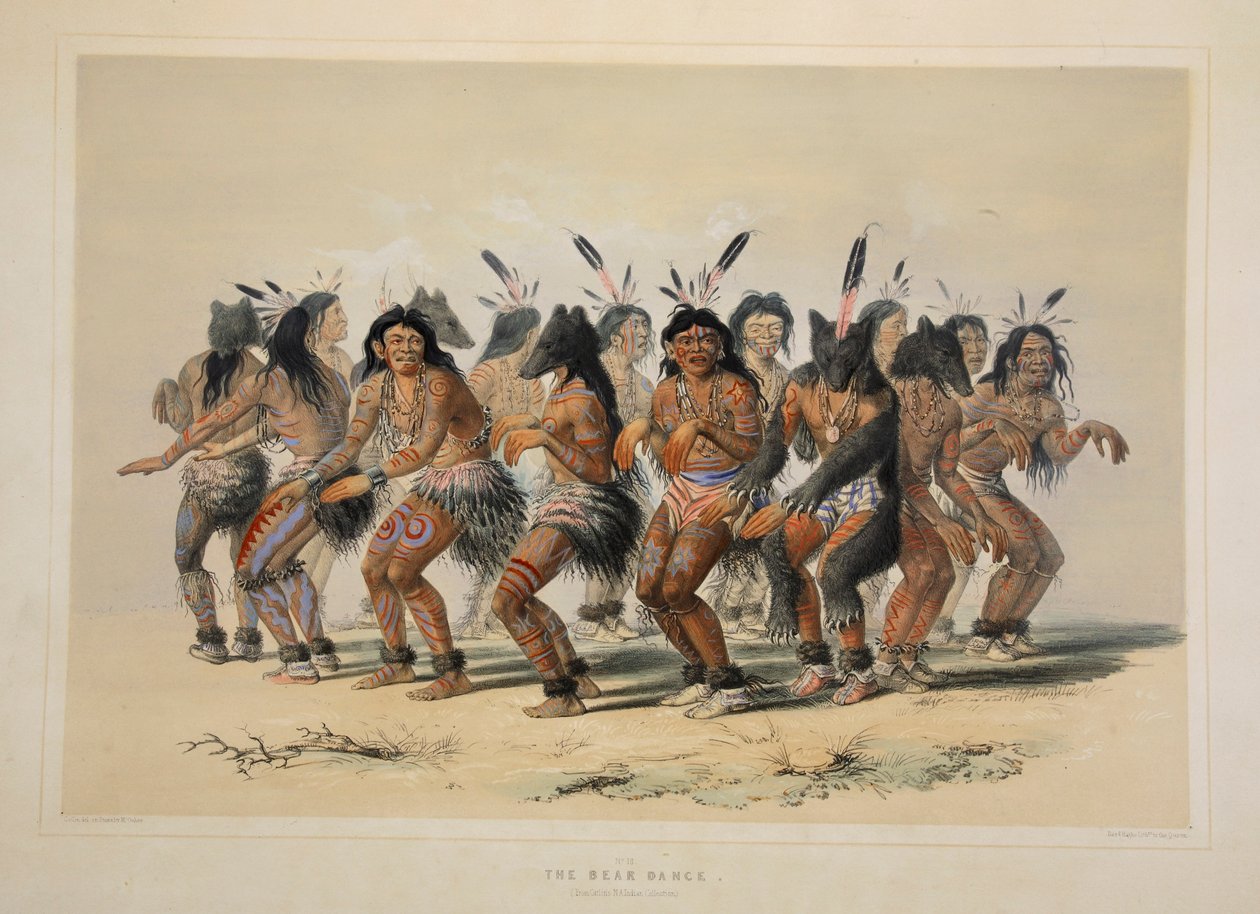 The Bear Dance, pubi. 1845 värilitografia. tekijältä George Catlin