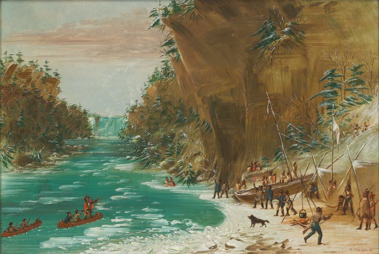 Retkikunta leiriytyi Niagaran putousten alapuolelle. 20. tammikuuta 1679, 18471848. tekijältä George Catlin