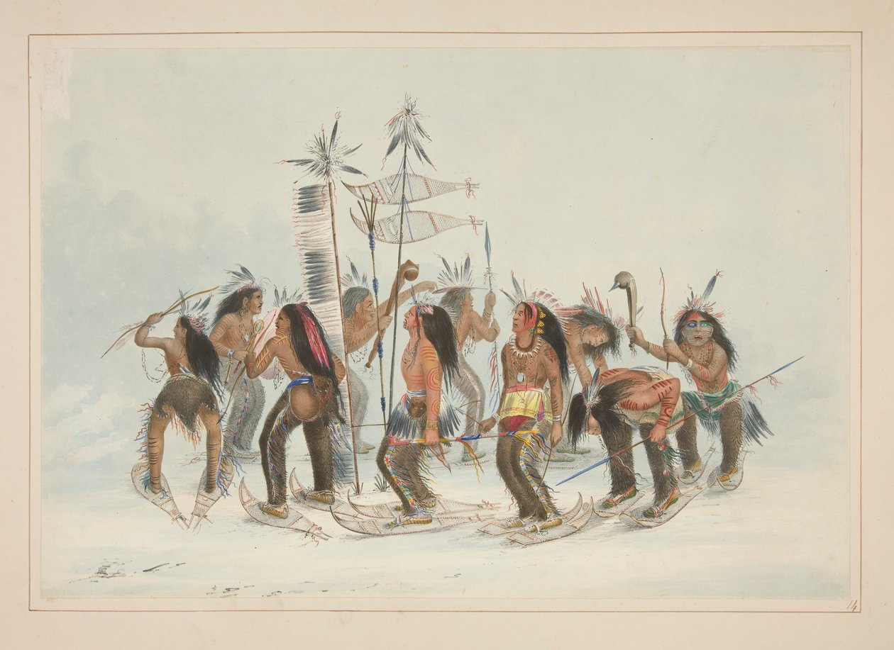 Lumikenkätanssi, pl. 14 Pohjois-Amerikan intiaaniportfoliosta tekijältä George Catlin