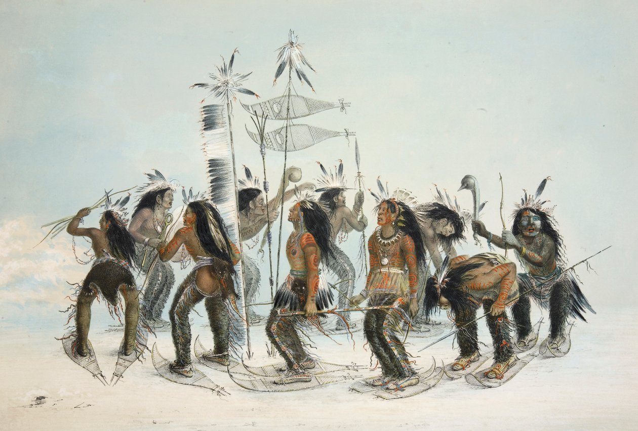 The Snow Shoe Dance, pubi. 1845 värilitografia. tekijältä George Catlin