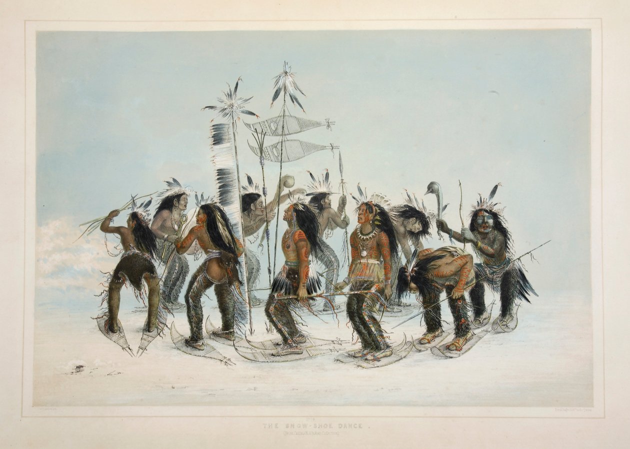 The Snow Shoe Dance, pubi. 1845 värilitografia. tekijältä George Catlin
