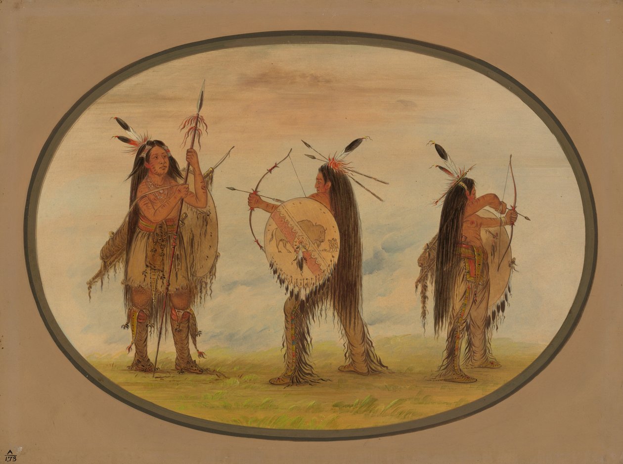 Kolme sotaa varten aseistautunutta mandanisoturia, 18611869. tekijältä George Catlin