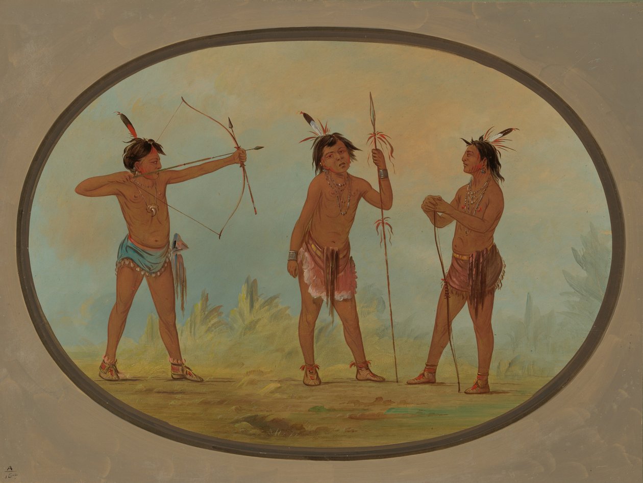 Kolme sotaan aseistettua Shoshonee-soturia, 18611869. tekijältä George Catlin