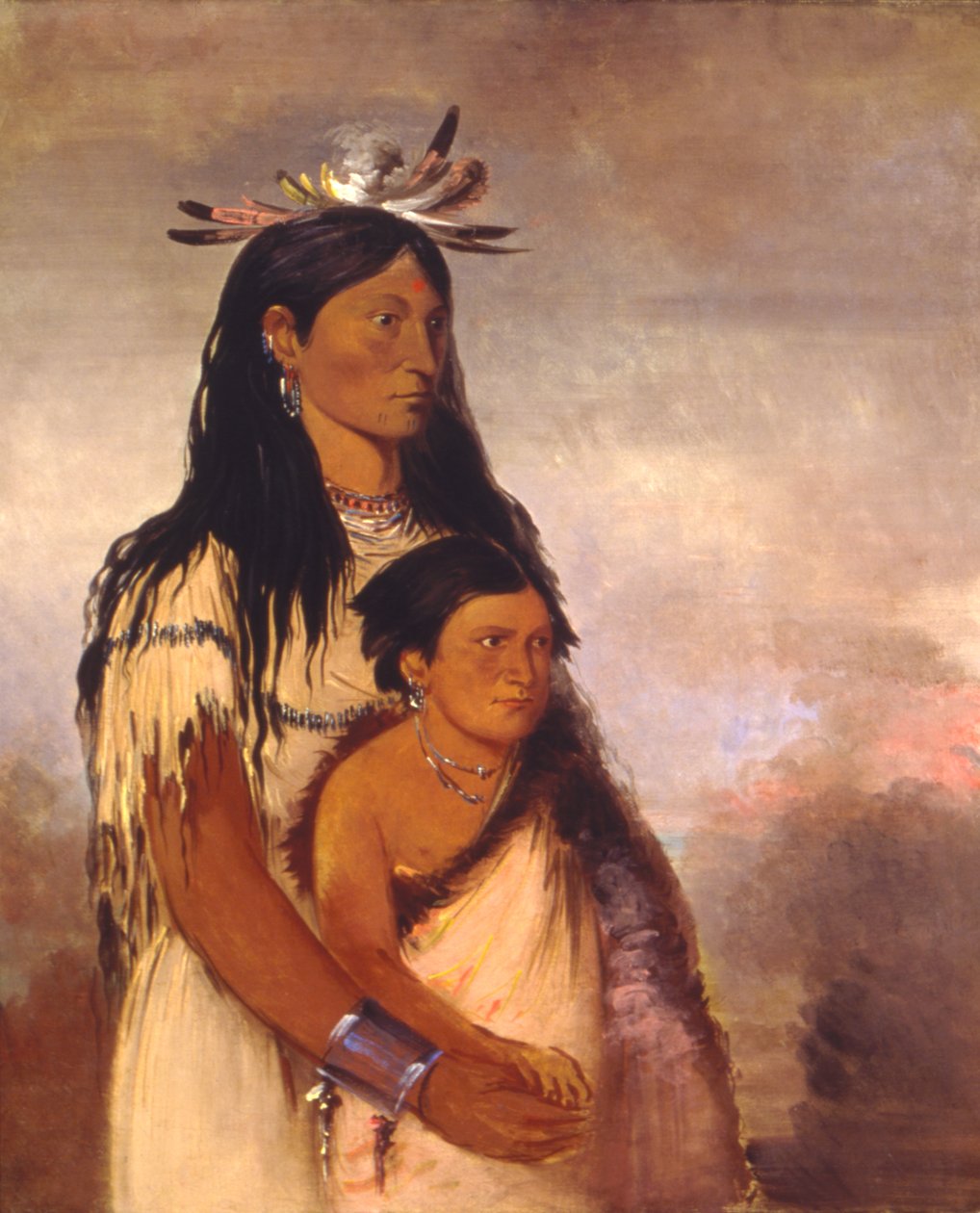 Túnk-aht-óh-ye, Ukkonen, poika, ja Wun-pán-to-mee, Valkoinen näätä, tyttö. tekijältä George Catlin