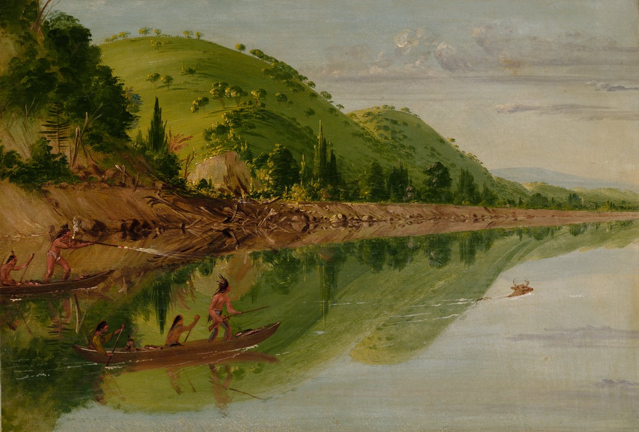 Näkymä Pyhän Pietarin joelle, Sioux-intiaanit jahtaamassa polttaria kanooteissaan, 1836-1837. tekijältä George Catlin