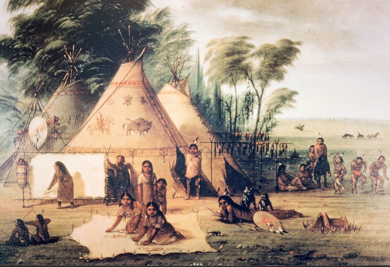 Pohjois-Amerikan Sioux-heimon kylä (värilitho) tekijältä George Catlin