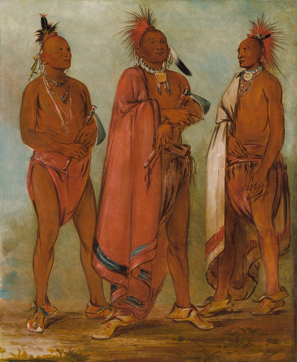 Wa-másh-ee-sheek, Hän, joka vie pois; Wa-chésh-uk, sota; Mink-chésk, Kolme kunnostautunutta nuorta miestä. tekijältä George Catlin