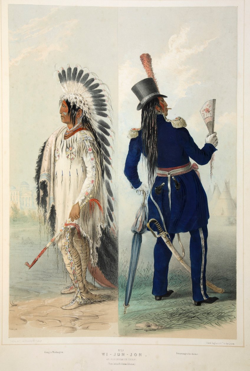 Wi-Jun-Jon, Assinneboin Chief, pubi. 1845 värilitografia. tekijältä George Catlin