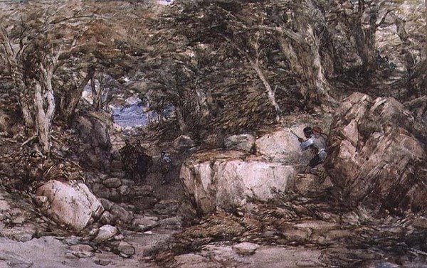 Forest Glen matkustajien kanssa lähestymässä väijytystä tekijältä George Cattermole
