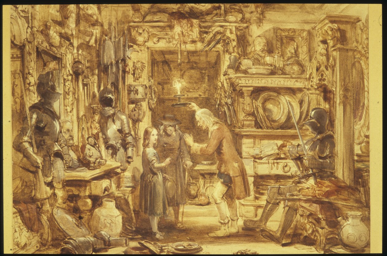 The Old Curiosity Shop Little Nells Home Interior of Old Curiosity Shop, 1840 (wc paperilla) tekijältä George Cattermole