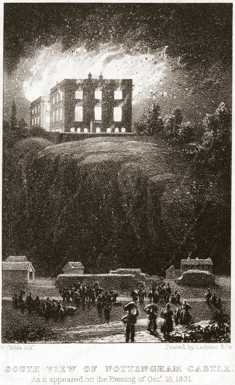 Nottinghamin linna palamassa etelästä katsottuna, 1831 tekijältä George Childs