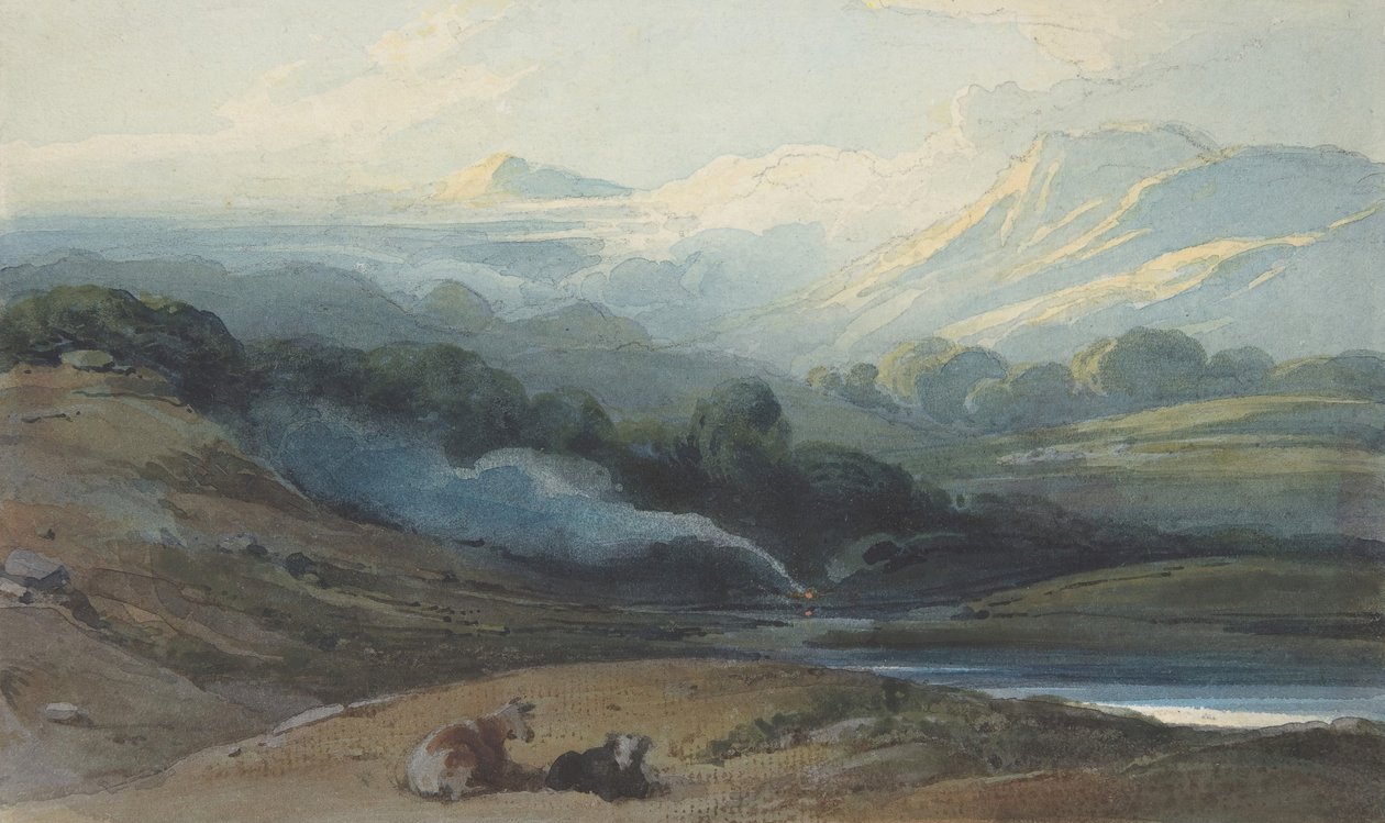 Karja lepää vuoristoisessa maisemassa, n. 1808-12. tekijältä George Chinnery