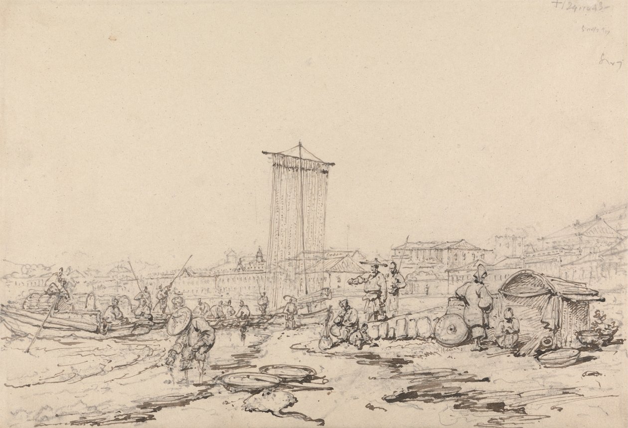 Rannikkokohtaus kalastajien ja rakennusten kanssa, Macao tekijältä George Chinnery