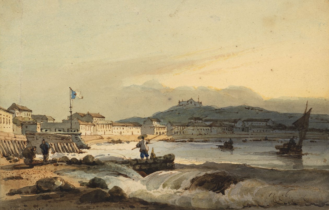 Praia Grande, Macao, etelästä, Pietarin linnoitus vasemmalla, 1830-1845 tekijältä George Chinnery
