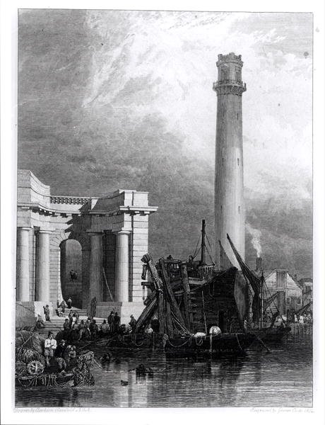 Shot Tower ja Waterloon silta, kaiverrus G. Cooke tekijältä George Clarkson (after) Stanfield