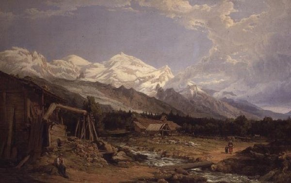 Alppimaisema hahmoineen vuoripuron varrella tekijältä George Clarkson Stanfield