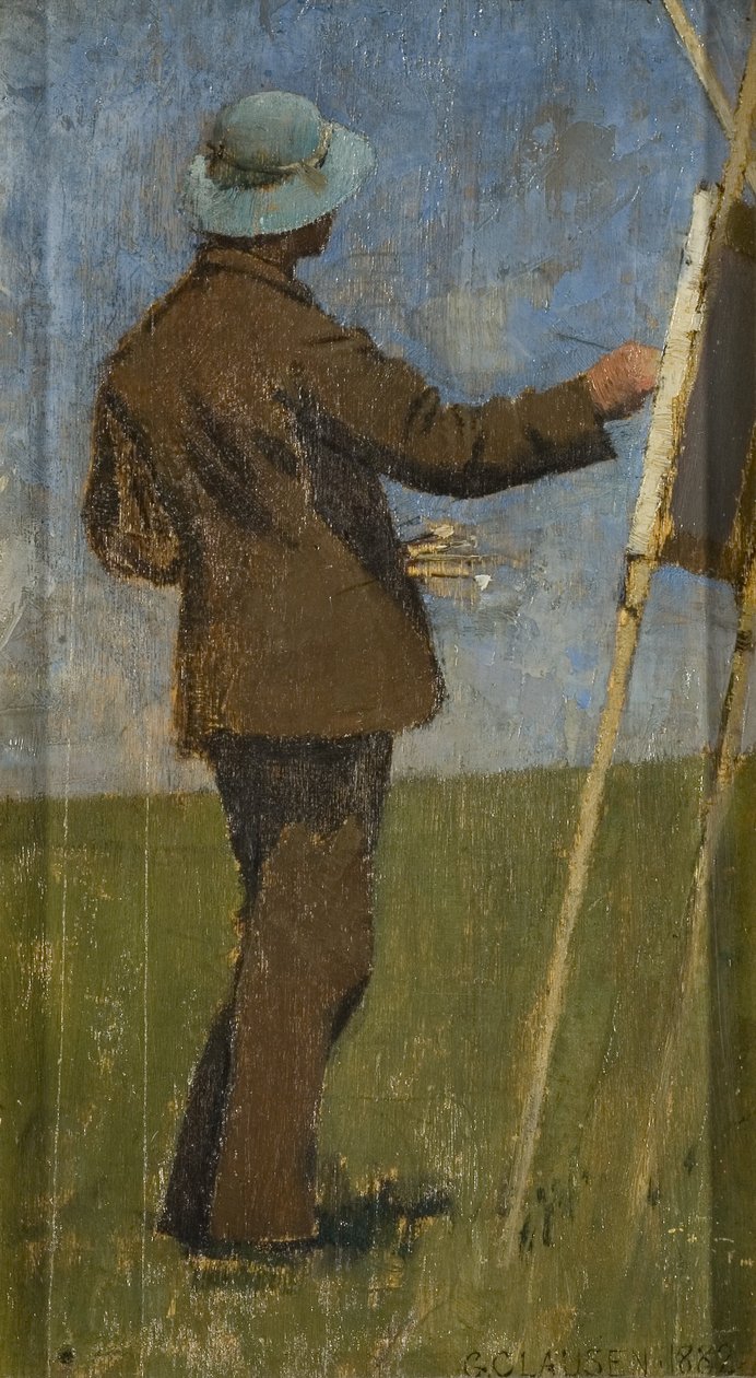 Taiteilija maalaa oven ulkopuolella tekijältä George Clausen