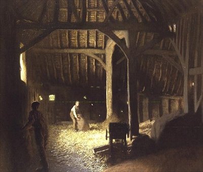Navetan sisätilat työskentelevien poikien kanssa tekijältä George Clausen