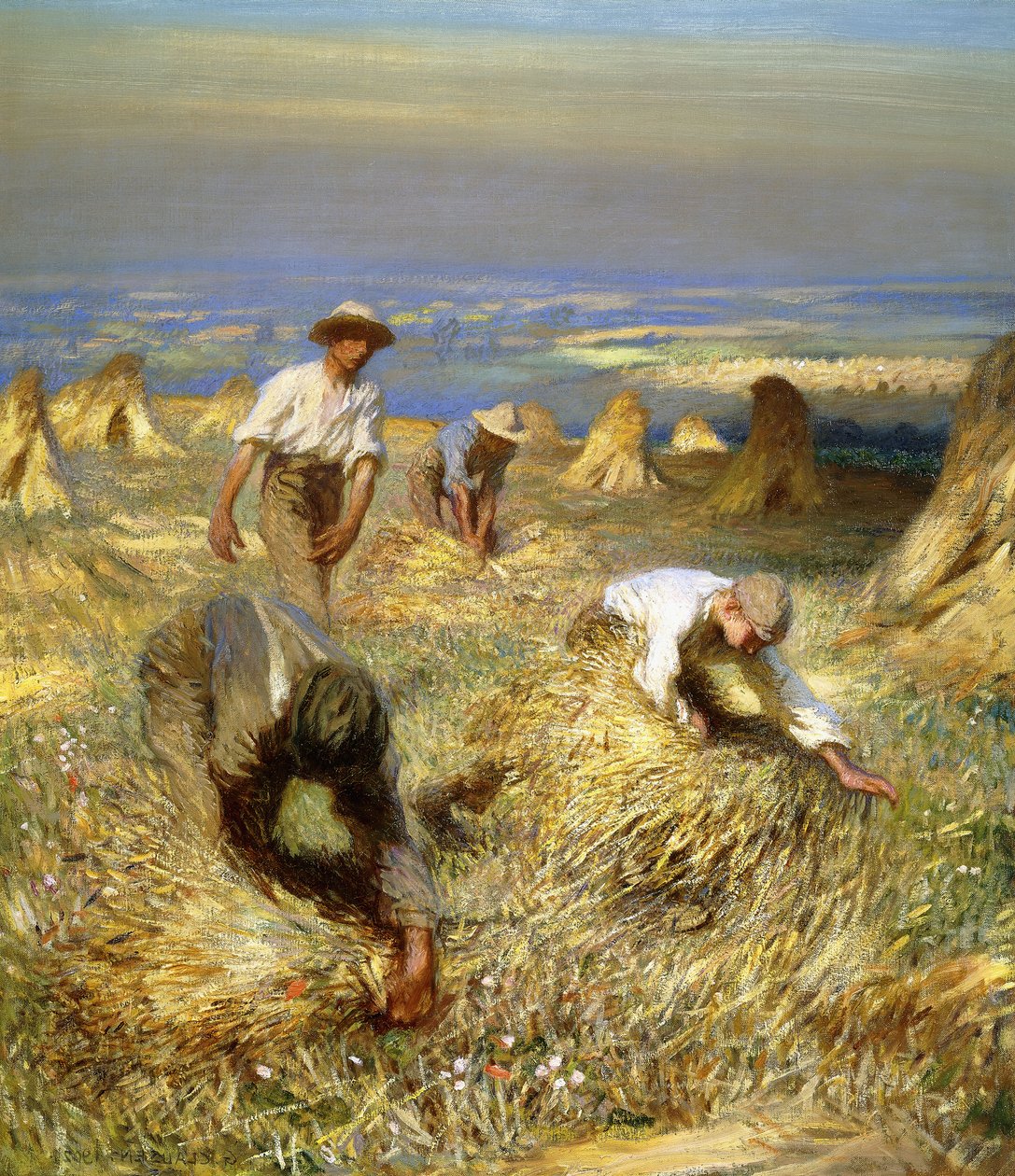Sadonkorjuu, lyhteiden sidonta tekijältä George Clausen