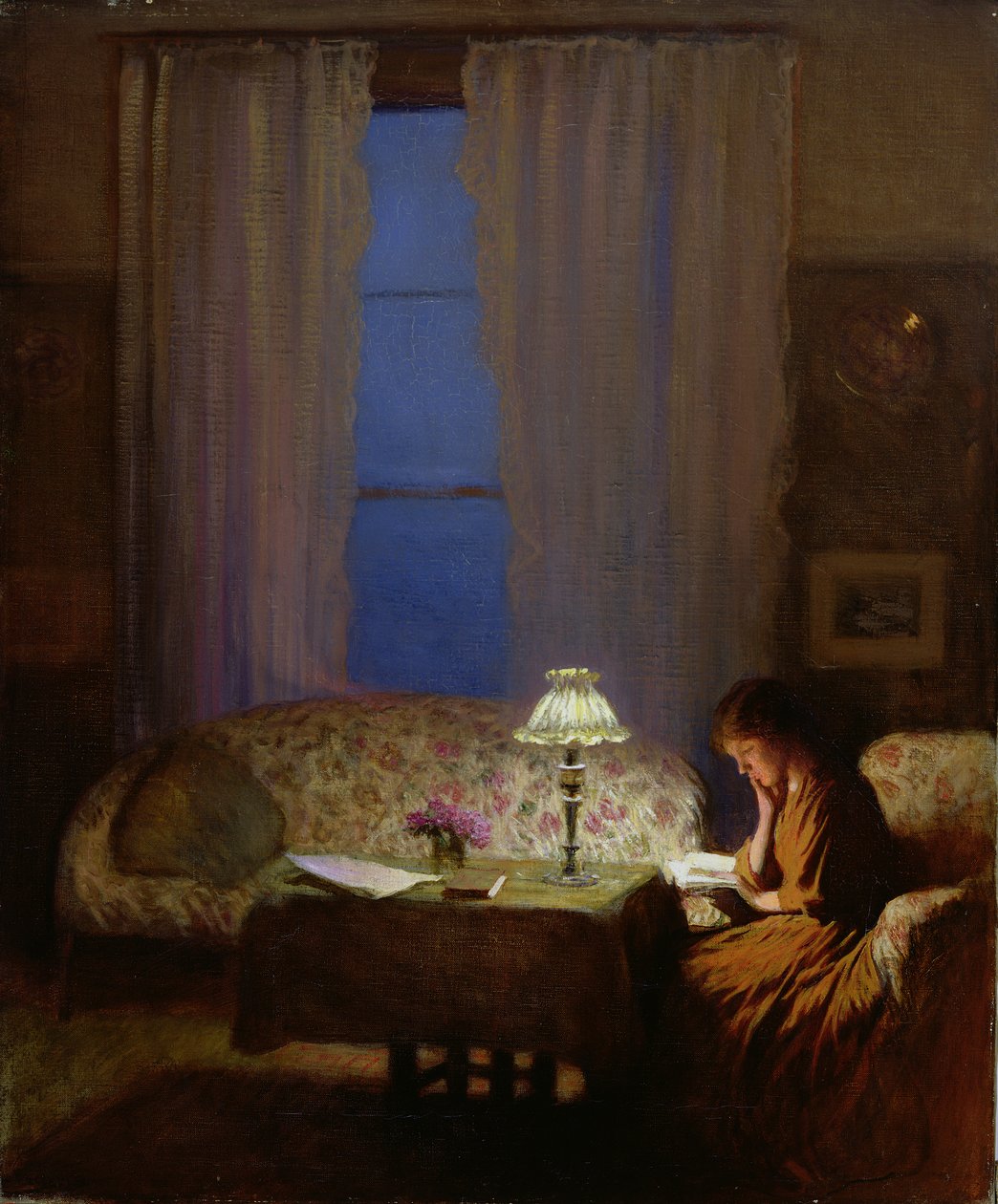 Lukeminen lampun valossa (Twilight: Interior) (öljy kankaalle) tekijältä George Clausen