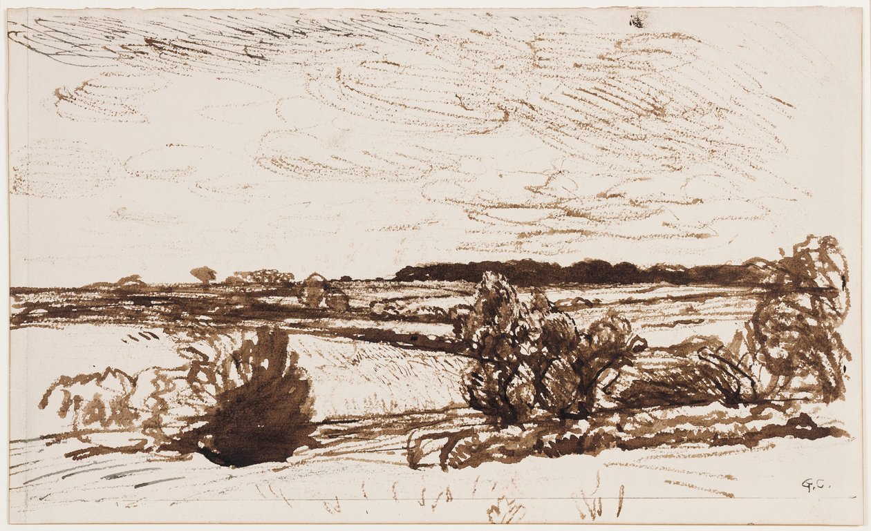 Tuulen puhaltama maisema (kynä, sivellin ja seepiamuste paperille) tekijältä George Clausen