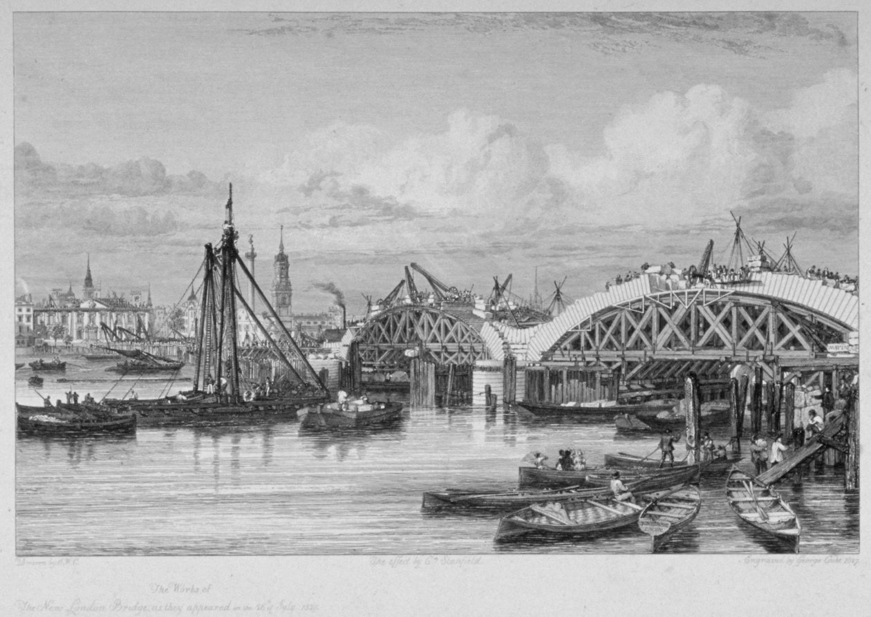 Lontoon silta rakenteilla, 1827 tekijältä George Cooke