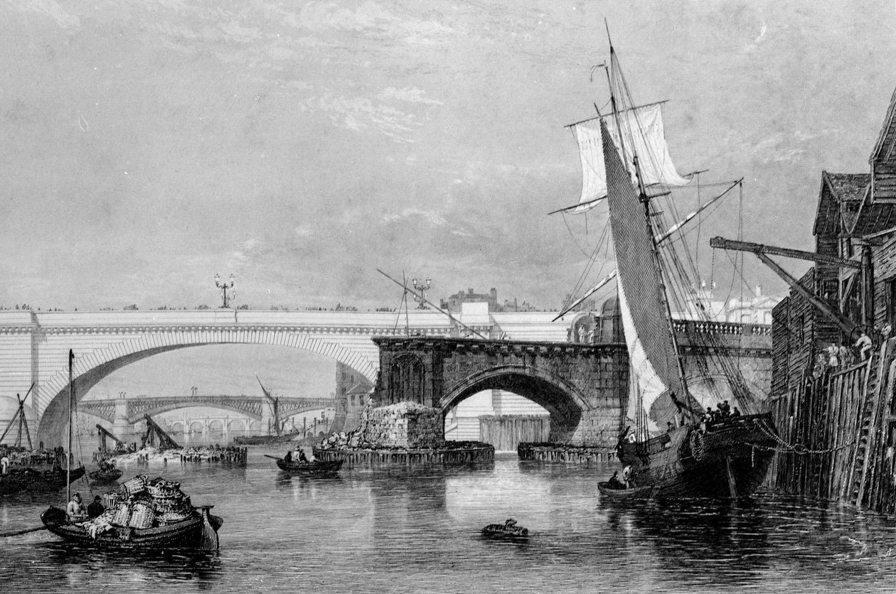 "Osa Lontoon vanhaa ja uutta siltaa", 1832 tekijältä George Cooke