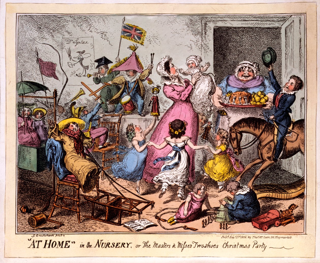 KOTONA TAIMENTOON, tai Mestarit ja kaksi kenkiä kaipaavat joulujuhlat, 1835 (värillinen etsaus) tekijältä George Cruikshank