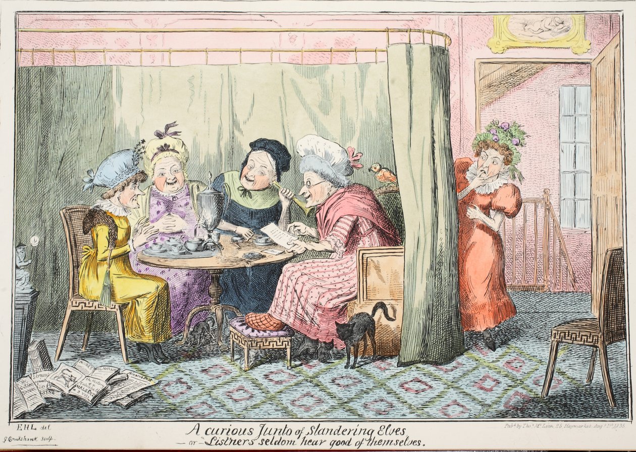 Utelias Junto herjaavien haltioiden - tai "Kuuntelijat harvoin kuulevat hyvää itsestään", 1835 (käsinvärinen kaiverrus) tekijältä George Cruikshank